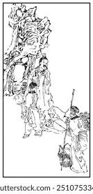 Elaborate line drawing depicting three figures in traditional attire conversing by a gnarly tree, with one figure carrying a basket and walking stick.