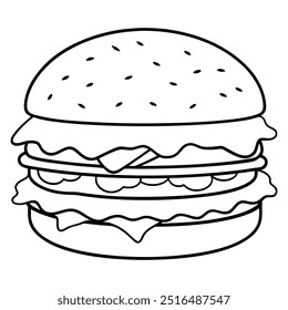 Una ilustración de línea elaborada que representa una pila clásica de queso, lechuga, tomate y hamburguesa.