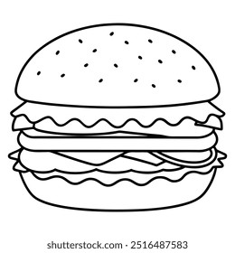 Una ilustración de línea elaborada que representa una pila clásica de queso, lechuga, tomate y hamburguesa.