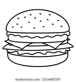 Una ilustración de línea elaborada que representa una pila clásica de queso, lechuga, tomate y hamburguesa.