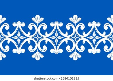Elaborate Luxury White Floral Silk Weaves Scroll Ornament Embroidery on Royal Blue Background Exquisitely Detailed Border Seamless Pattern Vector for Elegance Design Decoration Leaf Petals Lace Rococo