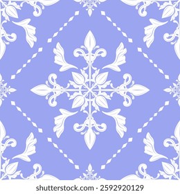 Elaborate Luxury White Scroll Ornament and Geometric Seamless Pattern on Lavender Background. Delicate Rich Victorian Border Pattern Design for Tiles Decoration Apparel Interior Opulence Theme Silk 