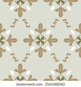 Elaborate Magnificent Repeat Detailed Scroll Ornament Florals White Golden Leaves Petals on Green Sage Background. Luxury Seamless Border Pattern Vector Haute Couture Design for Apparel Men's Attire 