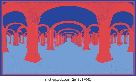 Elaborate red pillars support arches inside bright perspective hall