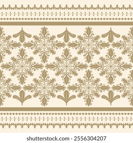 Elaborate Royal Golden Silk Weaves Embroidery Florals Pattern on Beige Background. Detailed Blooming Fleur de lis Petals Border Seamless Vector. Luxury Haute Couture Design for Elegance Rich Texture 