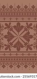 Elaborate Scroll Ornament Deep Brown Embroidery on Mocha Mousse Background. Royal Elegance Ornate Silk Hand Draw Seamless Pattern Vector. Detailed Cross Nature Leaves Design for Decoration Greek Roman