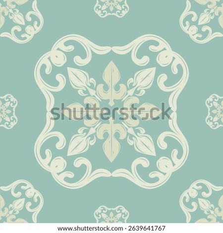 Elaborate Scroll Ornament Ivory Pale Green Celadon Theme. Baroque Vibe Seamless Pattern for Luxury Opulence Medieval Decoration Wallpaper Background Backdrop Embroidery Prints Textile Fabric Tiles Rug