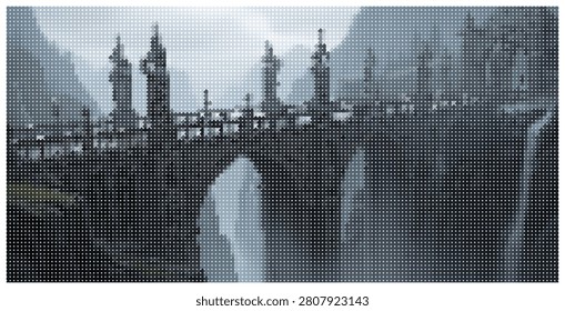 Elaborate stone bridge adorned with statues. Heavy fog creating an ethereal atmosphere. Timeless architecture, muted colors.