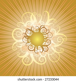 Elaborate swirly curly sun with rays.
