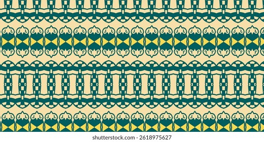 An elaborate, symmetrical design showcasing abstract shapes and bold green and yellow tones.