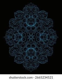 Uma elaborada ilustração floral simétrica retrata padrões ornamentados de folhas rolantes