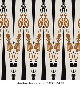 Elaborate vertical zigzag tribal pattern - seamless vector. Unique geometric shapes in brown, gold, black and tan. For fashion, home decor, paper goods, packaging, textiles or scrapbooking paper. 