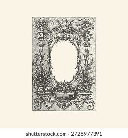 Ein aufwändiger Vintage-Rahmen mit einem ovalen Leerraum, verziert mit cherubischen Figuren, üppigen Blumenarrangements und scrollenden Barockmustern.