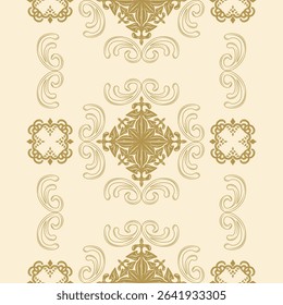 Elaborate Whimsical Filigree Border Swirl Ornament Pattern Vector Royal Gold Style on Beige Background. Luxury Glamorous Baroque Scroll Element Rich Haute Couture Design for Embroidery Silk Scarf Lace