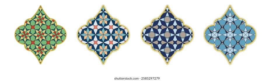 Elaborate window shapes feature stunning geometric patterns, with rich colors ranging from green to blue. These designs highlight the artistry and cultural significance of Islamic architecture.