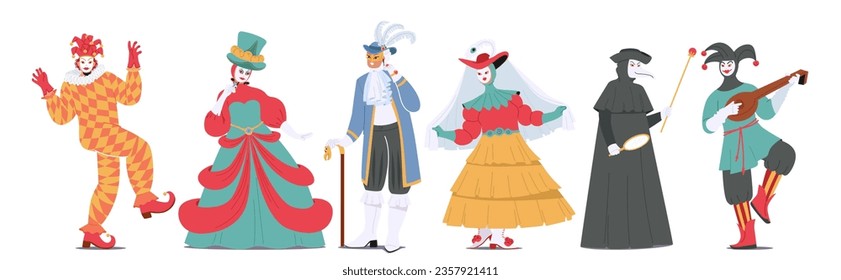 Elaborately Adorned In Venetian Masquerade Attire, Male and Female Characters Exude Elegance And Mystery As They Don Intricate Masks, Ornate Gowns, And Accessories. Cartoon People Vector Illustration