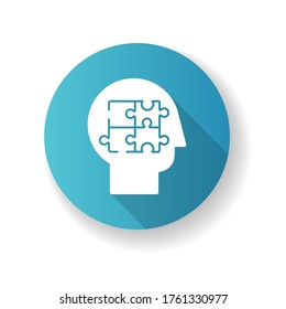 Elaboration blue flat design long shadow glyph icon. Puzzled mind. Logical mindset. Counseling for psychological problem. Human memory. Therapy for mental health. Silhouette RGB color illustration