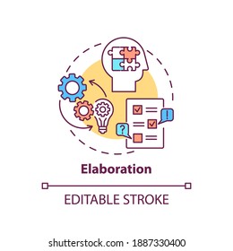 Elaboration concept icon. Creative thinking skills. Interesting different things creation. Brain creations idea thin line illustration. Vector isolated outline RGB color drawing. Editable stroke