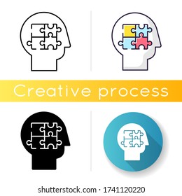 Elaboration icon. Puzzled mind. Logical mindset. Counseling for psychological problem. Analysis for smart solution. Human memory. Linear black and RGB color styles. Isolated vector illustrations