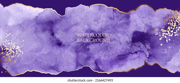 Elagant, Chic Horizontal Background. Violet, Lilac Watercolor Texture. Golden Lines Splatters. Design For Card, Invitation, Flyer, Cover.