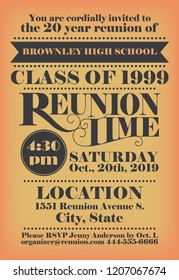 Elagant School Reunion Invitation Design For A Specified Graduated Class. Vintage Lettering Used. Unique Wording Arrangement. 