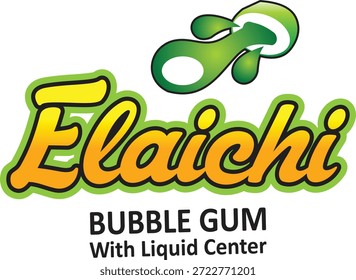 Logotipo de goma de mascar de Elaichi. Diseño para envases de caramelos con colores verde y naranja.