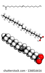 Elaidic acid trans fatty acid, molecular model. Trans fatty acids are found in hydrogenated vegetable oils, and are used in the production of e.g. margarine. Atoms are represented as spheres 