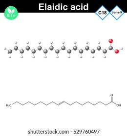 Elaidic fatty acid chemical structure, unsaturated  trans 9 fatty acid molecular structure, isomer of oleic acid, 2d and 3d vector illustration, isolated on white background, eps 10