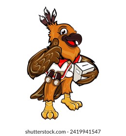 Elang Jawa ( Javanese Eagle ) wearing white red uniform , hanging binocular whie holding vote box and thumb up cartoon illustration mascot