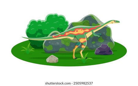 Elaphrosaurus prehistoric dinosaur with slender body and long legs. Cartoon vector carnivore dino in a lush Late jurassic natural landscape with dense foliage and rocks. Paleontology science creature