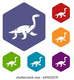 Elasmosaurine dinosaur icons set hexagon isolated vector illustration