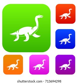 Elasmosaurine dinosaur set icon color in flat style isolated on white. Collection sings vector illustration