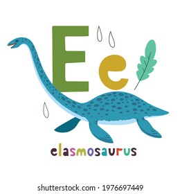 Elasmosaurus. Cute cartoon hand drawn illustration with dinosaur and E letter. Vector illustration