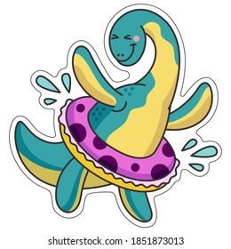Elasmosaurus dinosaur sticker with a swimming circle. Vector illustration in cartoon style with a cute character, a dinosaur, who bathes and splashes water fun. For use as a sticker.