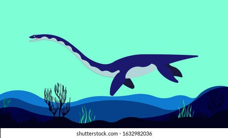Elasmosaurus Swimming Under Blue Sea