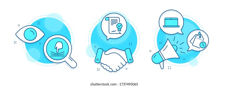 Elastic, Approved agreement and Time management line icons set. Handshake deal, research and promotion complex icons. Laptop sign. Resilience, Verified document, Clock tags. Mobile computer. Vector