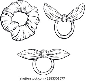 Elastic band for hair line art. Vector graphics accessories. Hair clips with a bow line art. Collection of hair accessories. A set of flat vector doodle hair bands isolated on a white background.