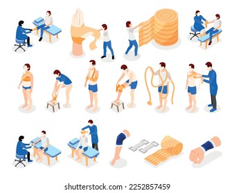 Elastic bandage application isometric icons set with human characters of patients and doctors isolated vector illustration