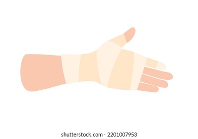 vendaje elástico en fractura de brazo y dedo humanos. Gasa médica cubriendo una muñeca. Ligamentos rotos o lesionados, rociados. Concepto de salud. Paciente con ilustración vectorial de trauma manual