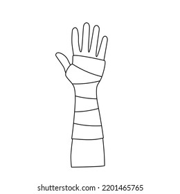 Elastic bandage on human arm. Medical gauze wrapping over an wrist. Broken or injured joint, sprained ligaments. Healthcare and first help concept. Patient with hand fracture flat vector illustration