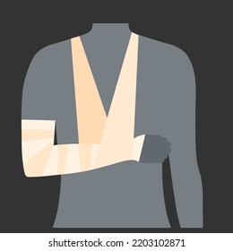 Elastic bandage on human arm. Immobilize wrist in a horizontal position. Support for hand muscles and bones. Broken or injured joint, fracture, sprained ligaments. First help flat vector illustration.