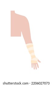 Elastic Bandage On Human Arm. Medical Gauze Wrapping Over An Wrist. Broken Or Injured Joint, Sprained Ligaments. Healthcare And First Help Concept. Patient With Hand Fracture Flat Vector Illustration