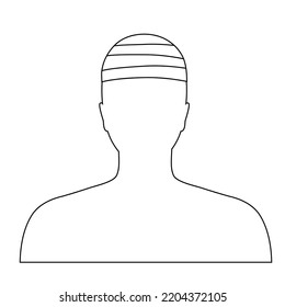 Elastic Bandage On Human Head. Concussion Or Headache. Roll And Wrap Medical Gauze Over A Skull. Broken Or Injured Part Of Body. Healthcare And First Help. Patient With Trauma Flat Vector Illustration