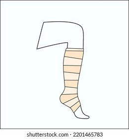 Elastic bandage on human leg. Roll and wrap medical gauze over a foot. Broken or injured ankle. Healthcare concept. First help in a clinic or hospital. Patient with trauma flat vector illustration