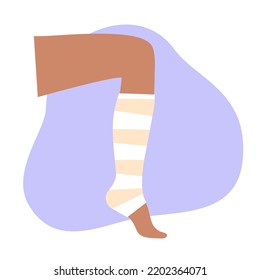 Elastic bandage on human leg. Roll and wrap medical gauze over a foot. Broken or injured ankle. Healthcare concept. First help in a clinic or hospital. Patient with trauma flat vector illustration