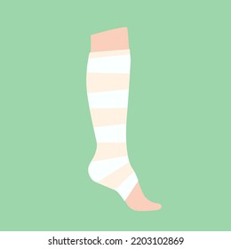 Elastic bandage on human leg. Roll and wrap medical gauze over a foot. Broken or injured ankle. Healthcare concept. First help in a clinic or hospital. Patient with trauma flat vector illustration