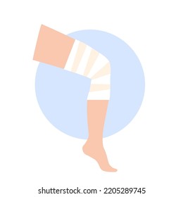 Elastic bandage on human leg. Roll and wrap medical gauze over a knee. Broken or injured joint, sprained ligaments. Healthcare and first help concept. Patient with trauma flat vector illustration