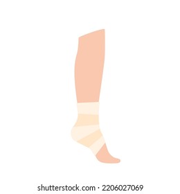 Elastic bandage on human leg. Roll and wrap medical gauze over a foot. Broken or injured ankle. Healthcare concept. First help in a clinic or hospital. Patient with trauma flat vector illustration