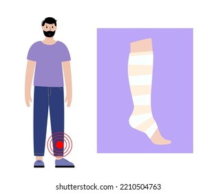 Elastic Bandage On Human Leg. Roll And Wrap Medical Gauze Over A Foot. Broken Or Injured Ankle. Healthcare Concept. First Help In A Clinic Or Hospital. Patient With Trauma Flat Vector Illustration