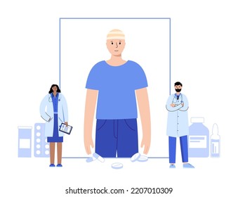 Elastic bandage on shoulder and head. Roll and wrap medical gauze over a human body. Broken or injured bones. Healthcare concept. First help in a clinic. Patient with trauma vector illustration.